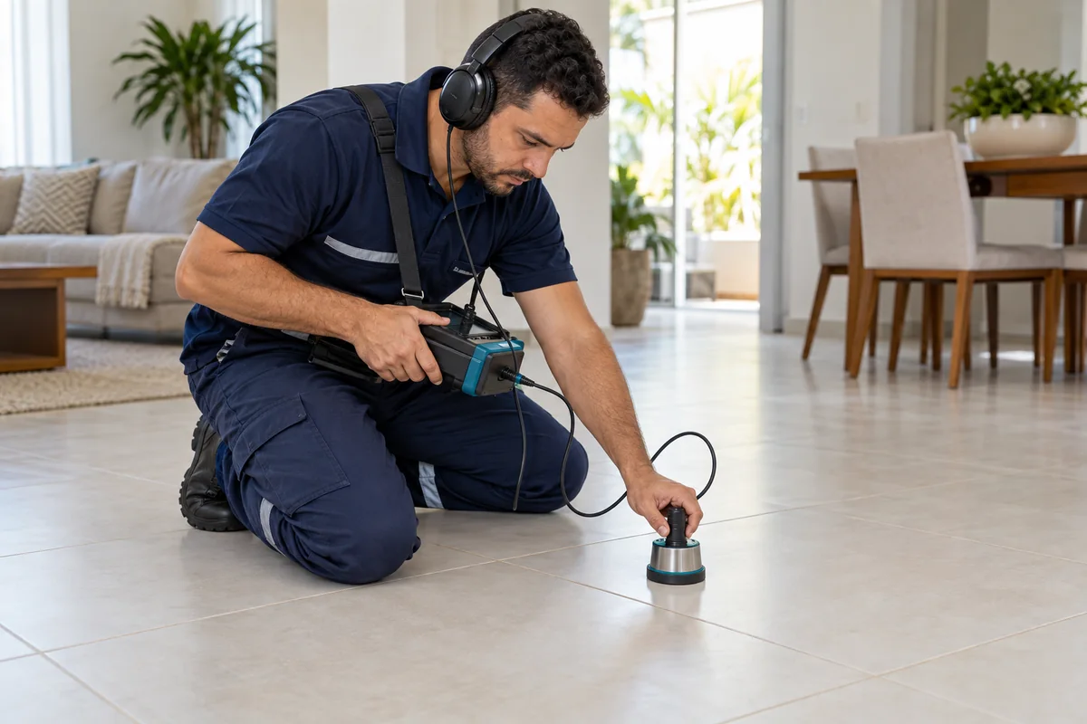 Imagem ilustrativa de especialista utilizando detector acústico de vazamentos no piso