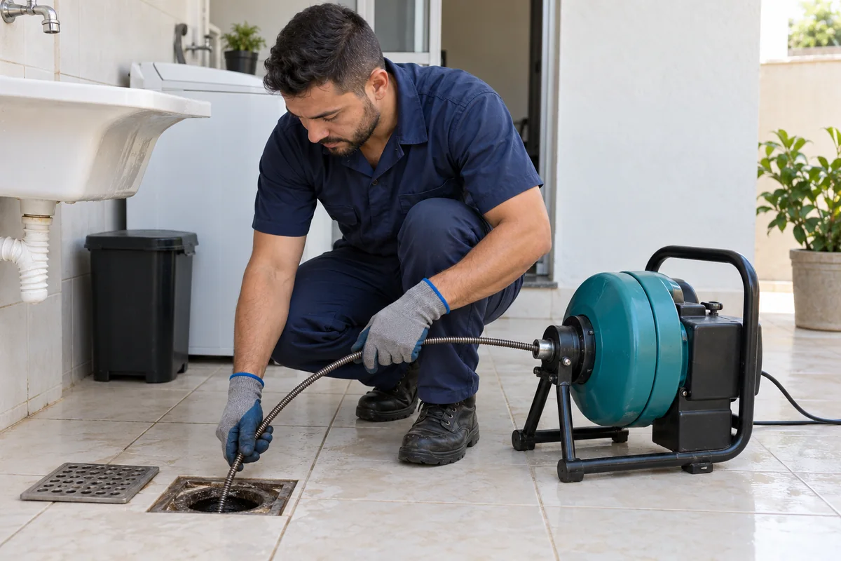 Imagem ilustrativa de técnico com equipamento para desobstrução de tubulação