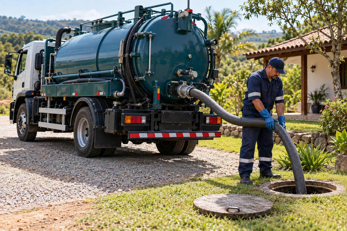 Imagem ilustrativa de caminhão de sucção com mangueira junto a um sistema de esgoto externo